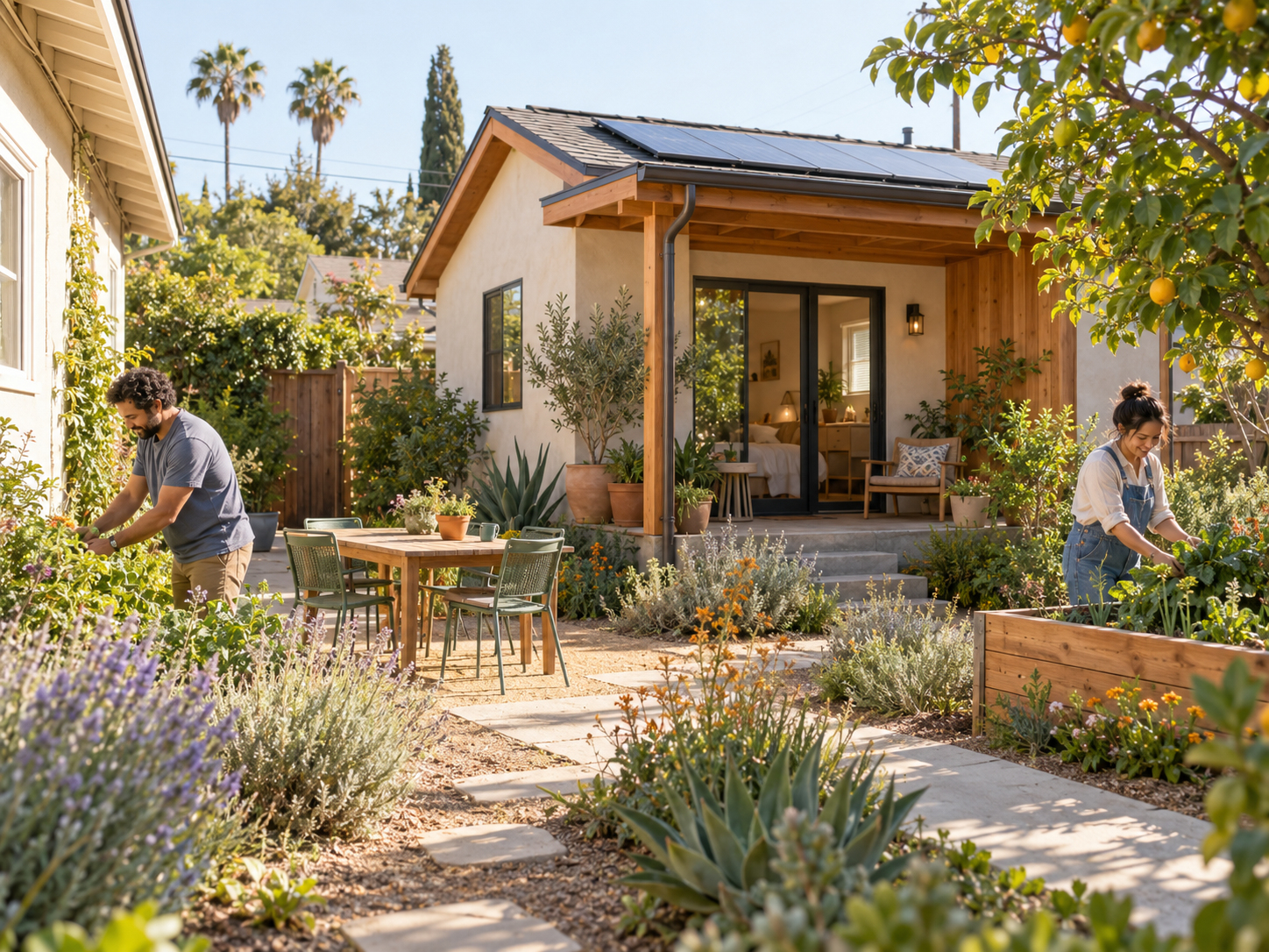 A compact backyard home with solar panels, a shaded porch, and a shared garden