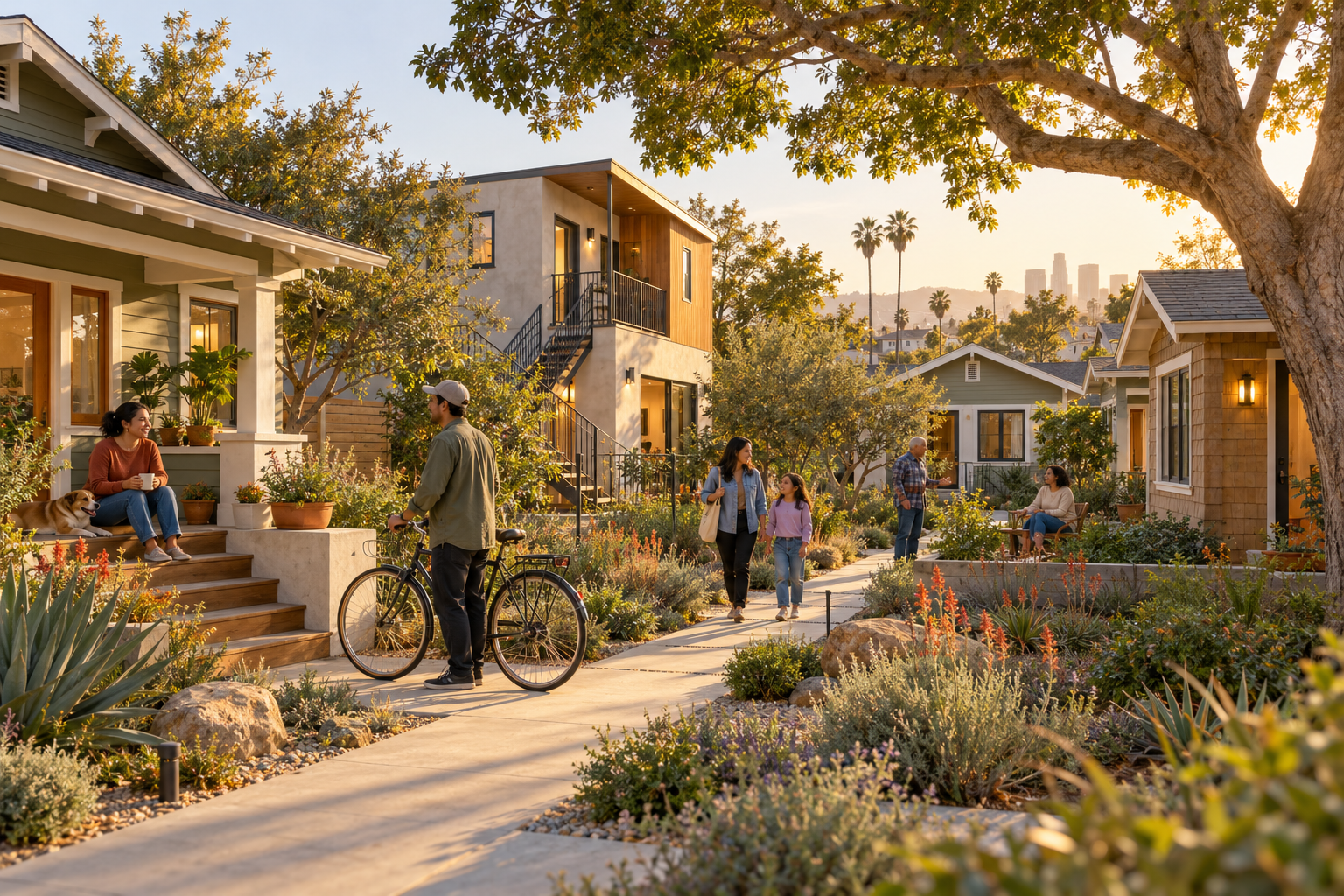 A small Los Angeles infill community with bungalows, a duplex, gardens, and neighbors